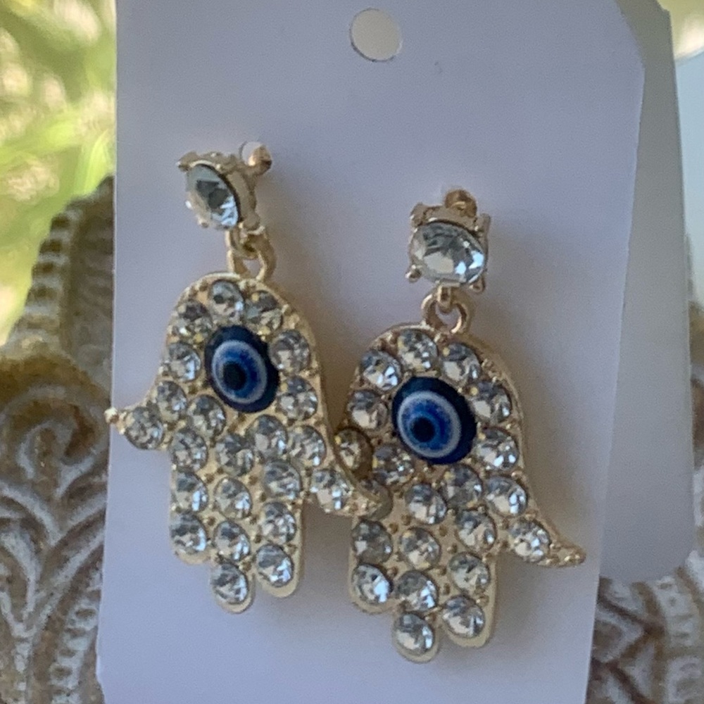 Hamsa Fatima Hand evil eye protection Rhinestone gold color earrings
